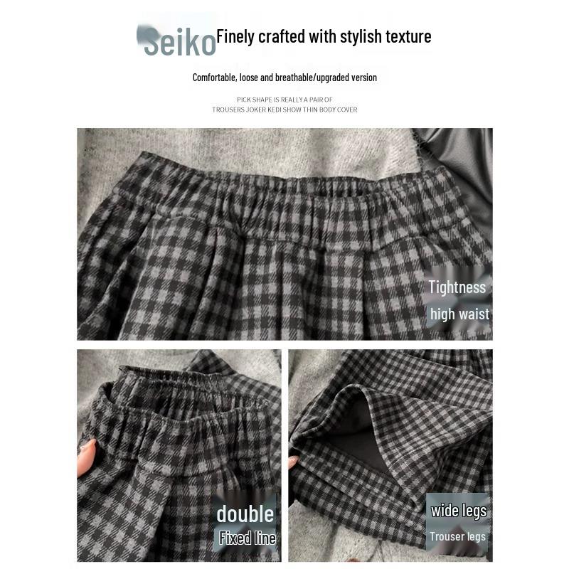 High-Waisted Fleece-Lined Plaid Wide-Leg Pants for Women, 150 Petite, Slimming Casual Autumn/Winter Wear