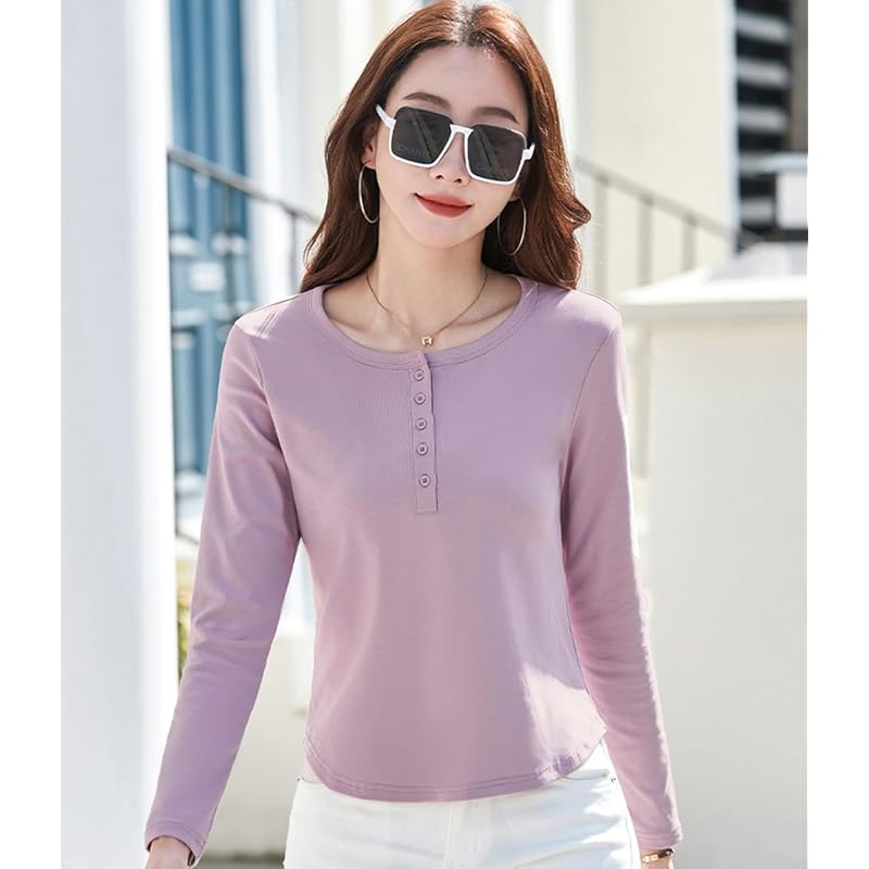 [JHIJSC] t-shirt ladies long sleeve spring cotton tight Plain color Fashionable cute large size (JP, alphabet, L, pink)