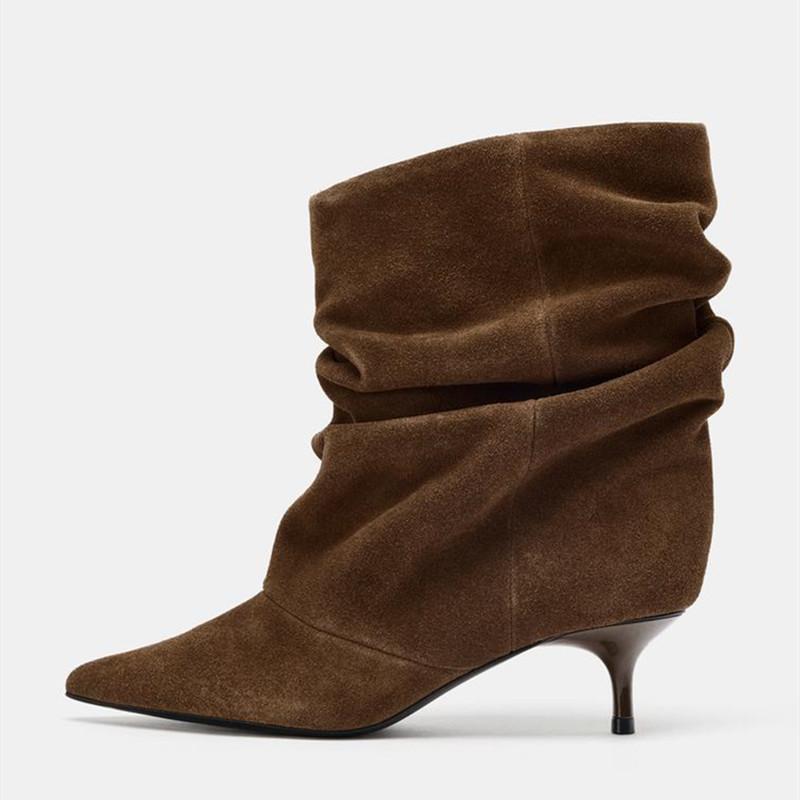 Winter Pointed Toe Ankle Boots Women Pleated Short Boots Elegant Designer Ankle Boots for Women Size 35-42