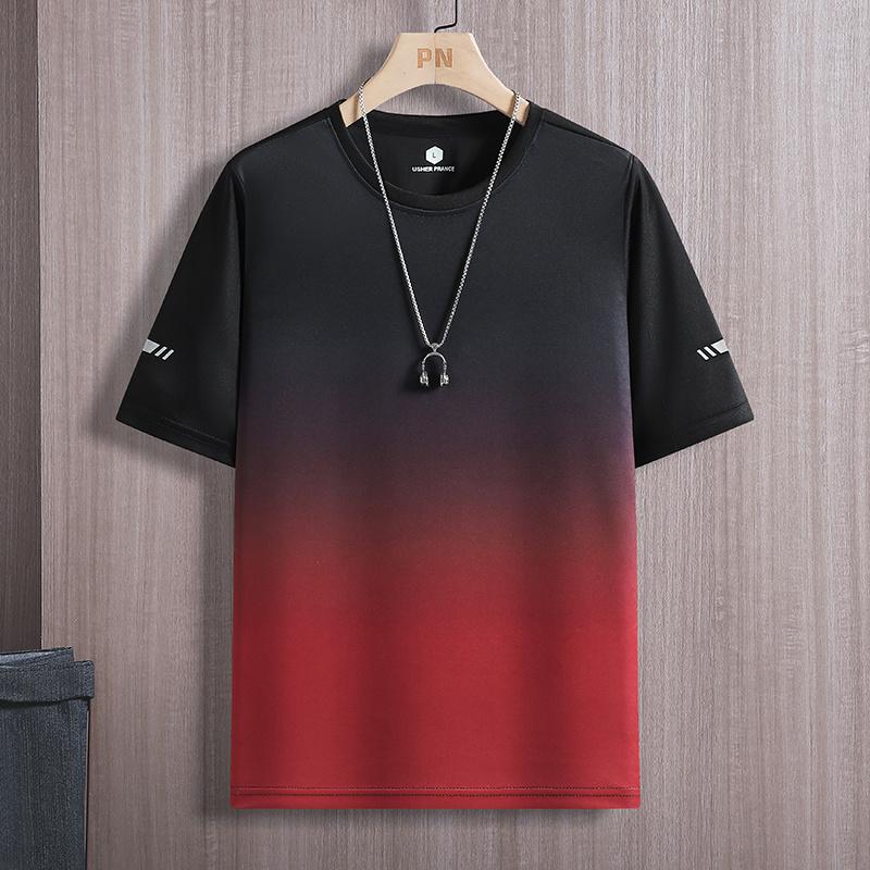 Летняя повседневная модная футболка с круглым вырезом и коротким рукавом для мужчин, спортивный пуловер с градиентом, топ M чёрный/красный