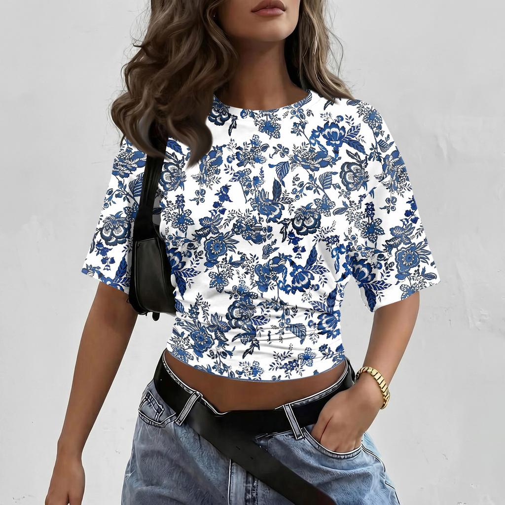 Women Round Neck Pullover Floral Print Short Sleeve T Shirt Loose Fit Casual Top Lightweight Breathable Fabric