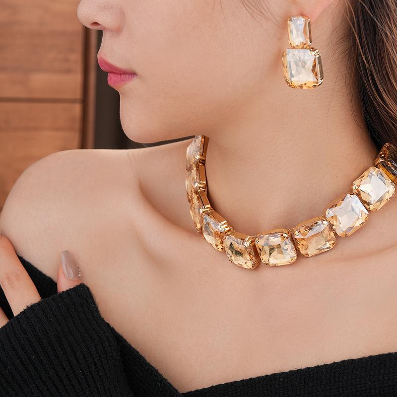Rhinestone Square Earrings Necklace Exaggerated Temperament Accessories Sets