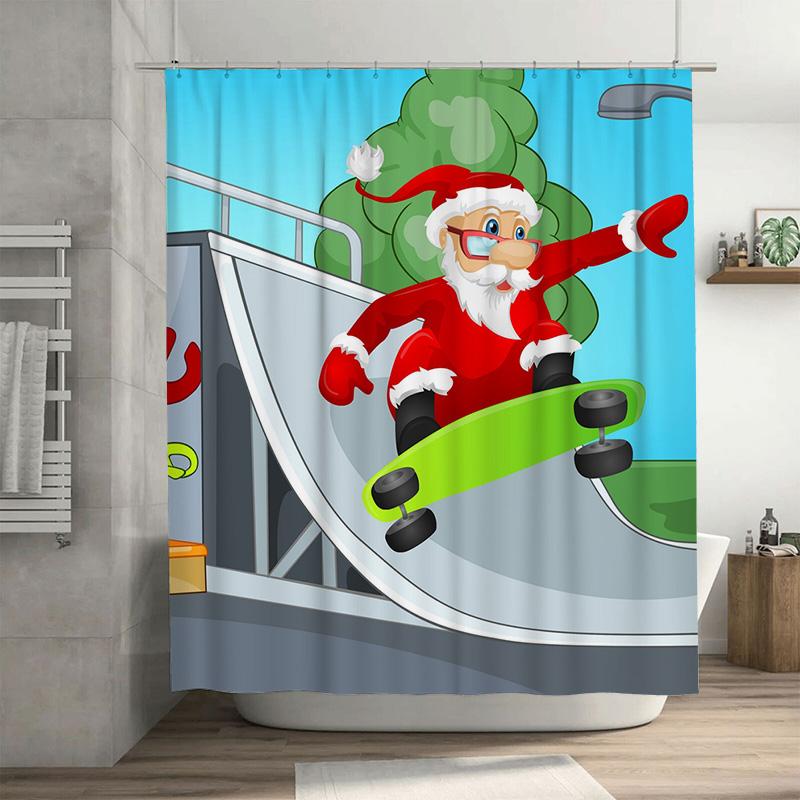 

Tu Santa Claus Shower Curtain Festive Christmas Holiday Bathroom Decor Skateboarding Fun Pattern Waterproof Fabric Home Textile W60H190(CM)-1 Pcs