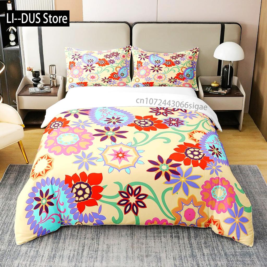 Floral Bedding Set Full Size Colorful Flowers Comforter Cover for Girls Child Duvet Cover Bedroom Decor with 2 Pillow Cases