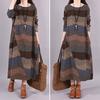Vestido Maxi de Algodón Lino de Manga Larga para Mujer Vintage Bohemio Estampado Patchwork Cuello Redondo Vestido Otoño Outfit Holgado