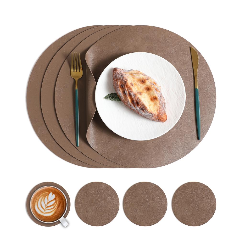 Popular cowhide pattern PU round leather placemat coaster waterproof and oil-proof can be wiped, easy to clean and high temperature resistant