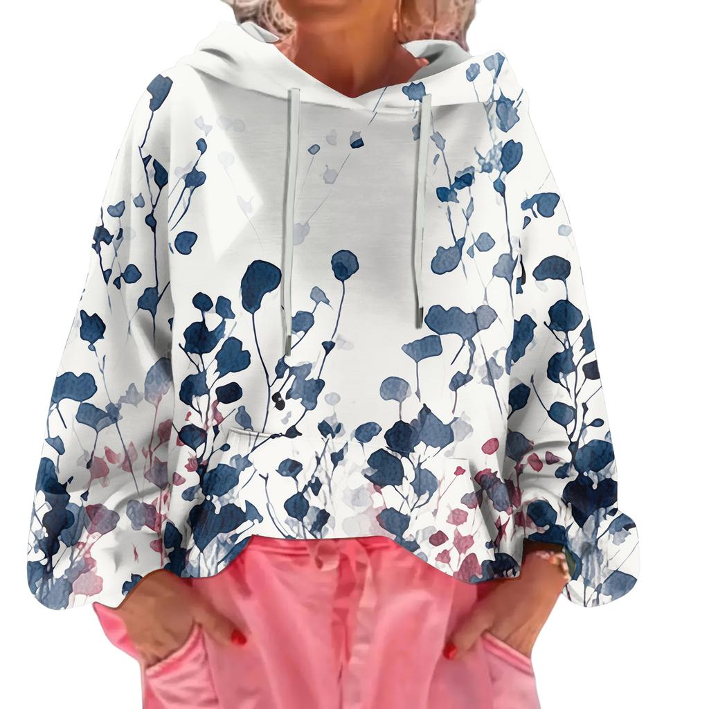 Women's Floral Print Loose Casual Long Sleeved Hooded Sweatshirt