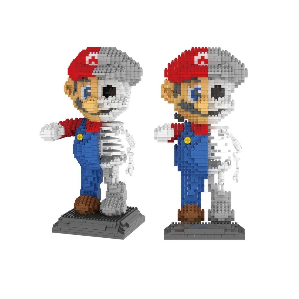 Funny Super Mario Micro Building Blocks Skeleton Mario Yoshi Luigi Bowser Bros Bricks DIY Assembly Figure Toys for Child Gift