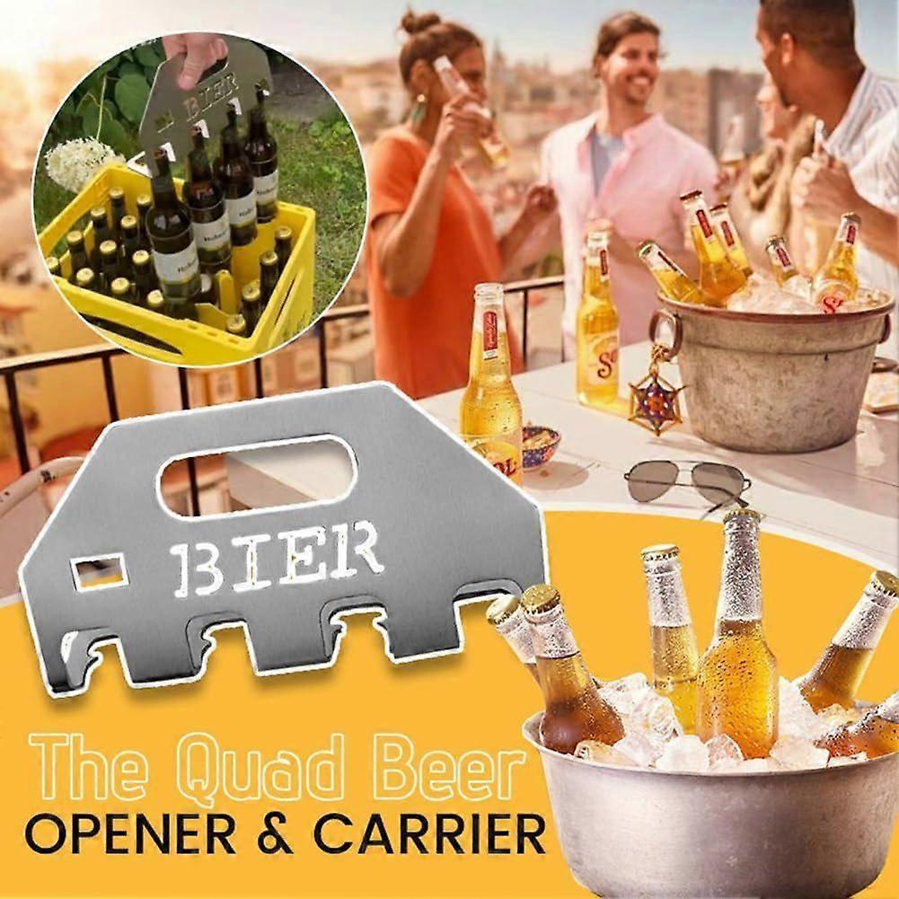 The Quad Beer Opener and Carrier, Beer Bottle Opener and Holder, 4-in-1 Bottle Opener Made of Stainless Steel for Parties, Durable Beer Opener Tool Fo