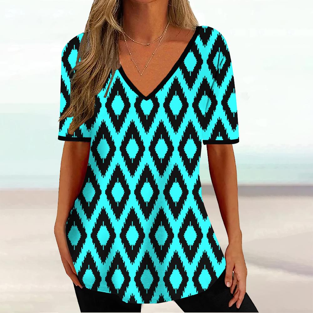 

Летний топ с V-образным вырезом и 3D-геометрическим полосатым принтом, модные повседневные женские футболки с короткими рукавами 5XL