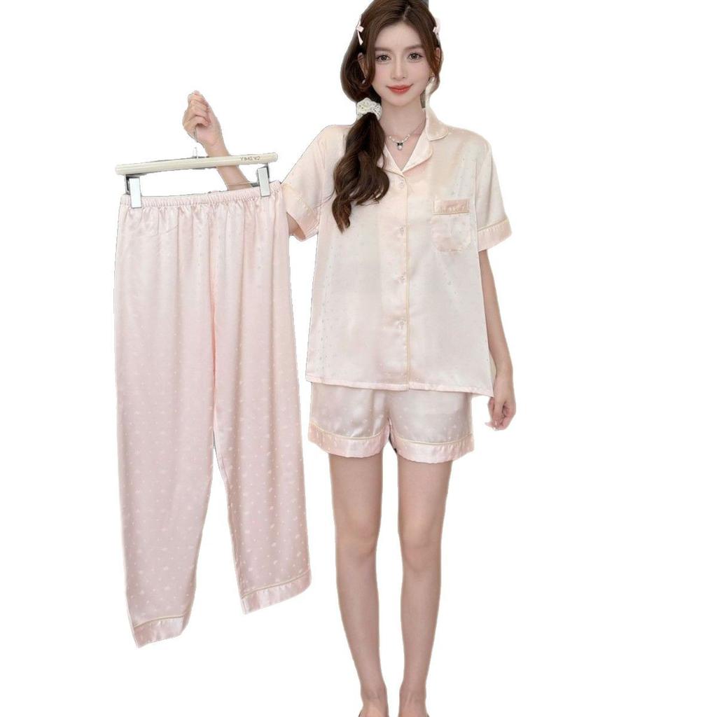 Three-piece pajamas women's spring and autumn ice silk crown jacquard loungewear summer thin clothing set autumn 1101