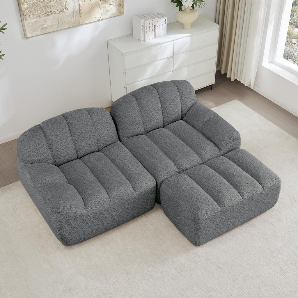 2-Seater L-Shaped Modular Boneless Sofa, Shell Shape, Deep Seat Cushions with 1 Ottoman, Sofa for Living Room, No Assembly Required, Gray