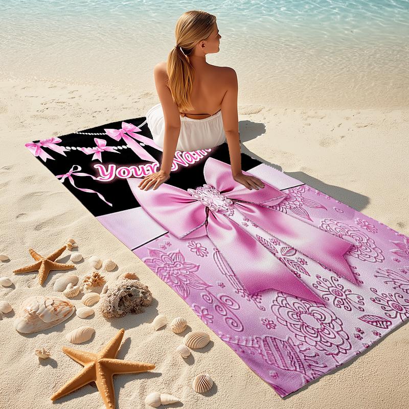1PC Custom Name Pink Bow Elegance Beach Towel Highly Absorbent And Sand-Resistant Towel for Swimming, Pool, Yoga, And Travel Lightweight