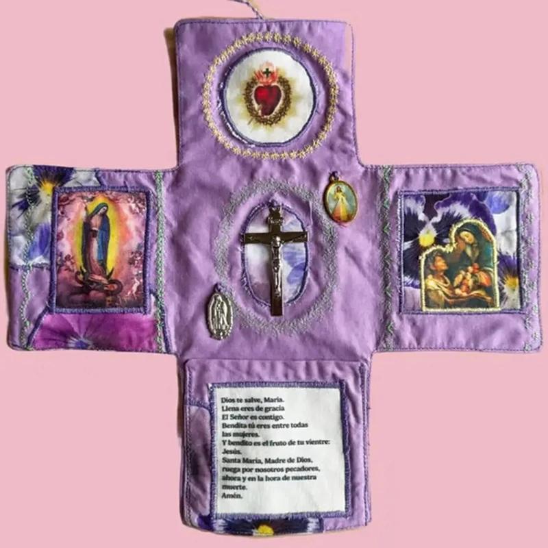 Handcrafted Pocket Shrine with Cross Included Inside,Faith Cross-Shaped Fabric Pouch Sewing Pocket with Saint Images Prayers