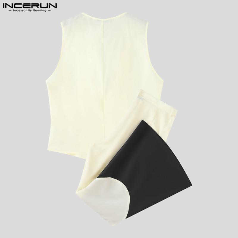 INCERUN Two Pieces Men Sleeveless Waistcoats Long Stitching Flare Pants Sets