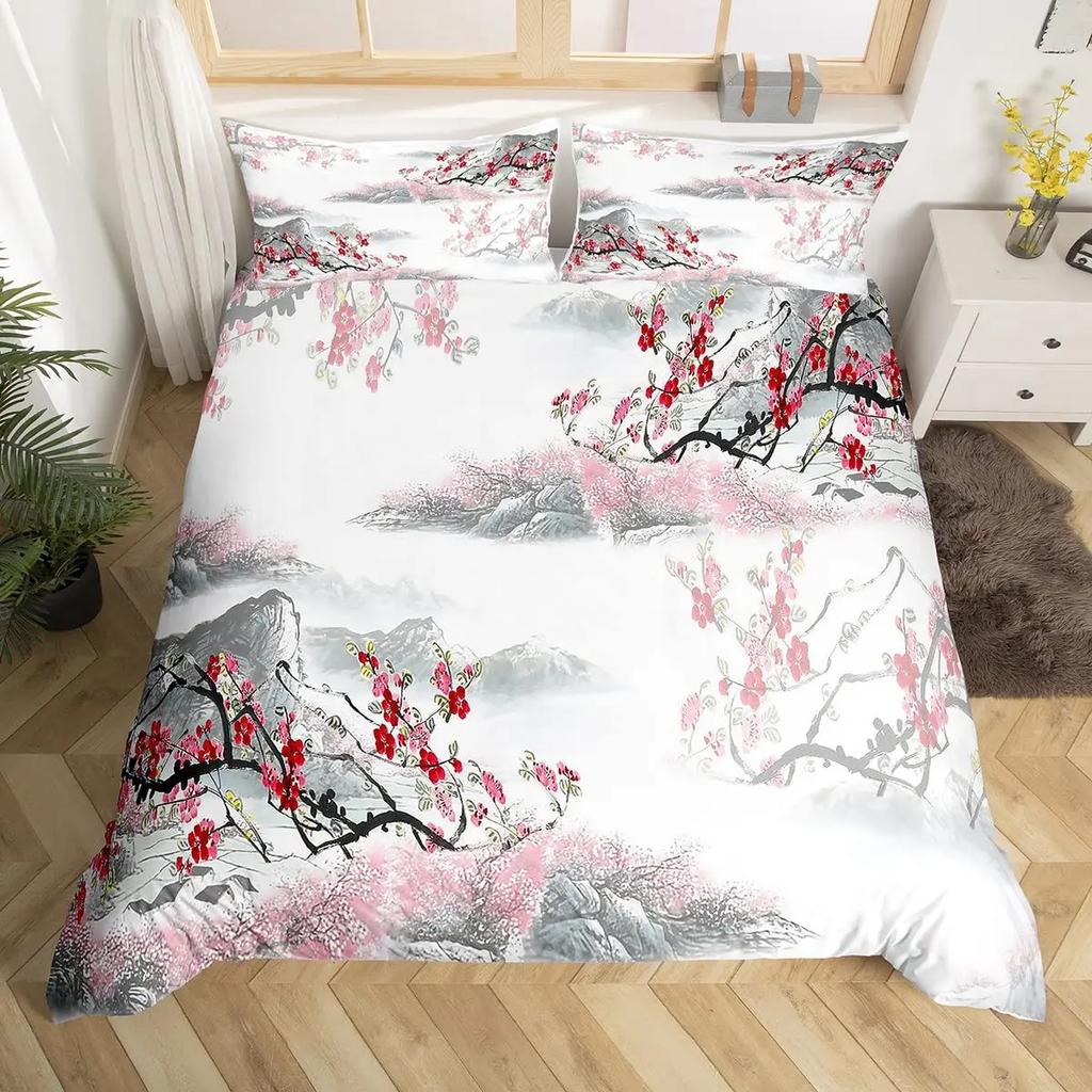 Japanese Fuji Mountain Duvet Cover Set Crane Bedding Set Watercolor Nature Tree Branches Comforter Cover Traditional Quilt Cover