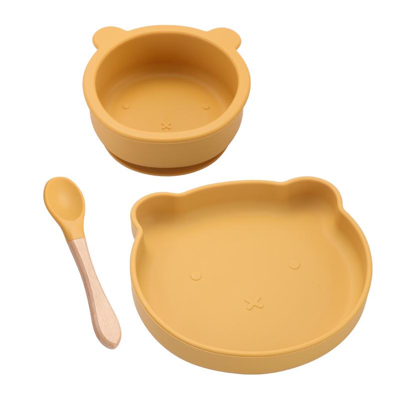 Little Bear Children's Silicone Tableware Set: Anti-Fall Bowl, Plate, and Spoon