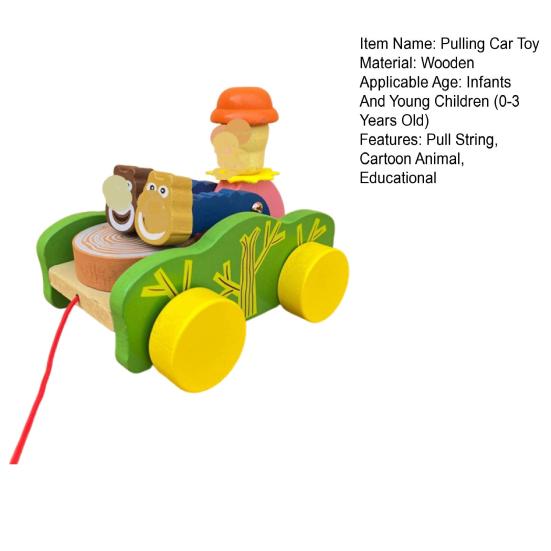 Pull String Wooden Car Toy Toddlers Boys Girls Cartoon Animal Drum Beating Vehicle Toy Educational Motor Skill Early Development Pulling Rope Car