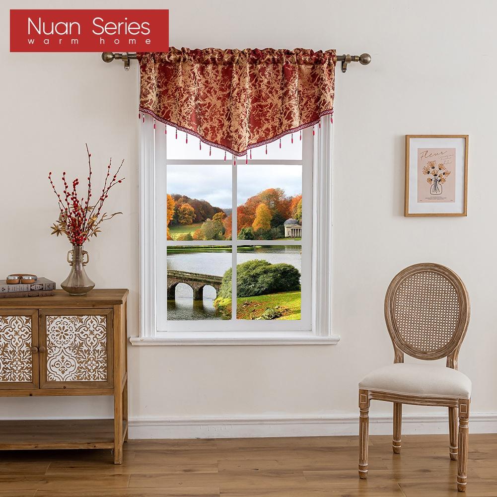 1PC Nuan Series Vintage Luxury Bead String Decorative Valance Jacquard Short Window Valance for Living Room Bedroom Home Decor