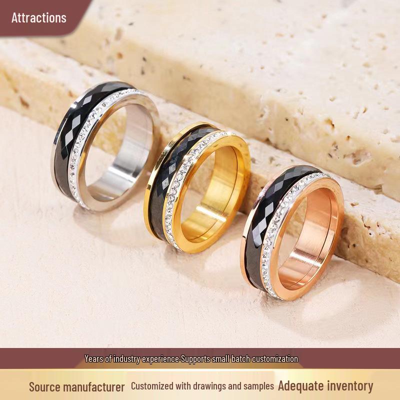 European-American Inlaid Diamond Black Ceramic Couple Ring: Rotatable Stainless Steel