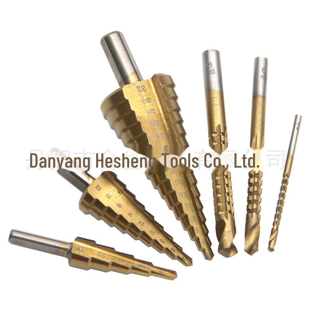 6pc Step Drill Set with Triangular Handle, Straight Groove, Pagoda Drill, Center Punching Hole, Plastic Box - 4pc Set