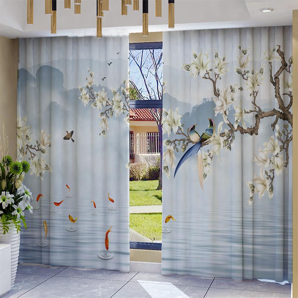 2PC Home flowers and birds Curtains With Landscape Background And Pole Pocket Curtains   Kitchen   Coffee Shop   Living Room   Bacon