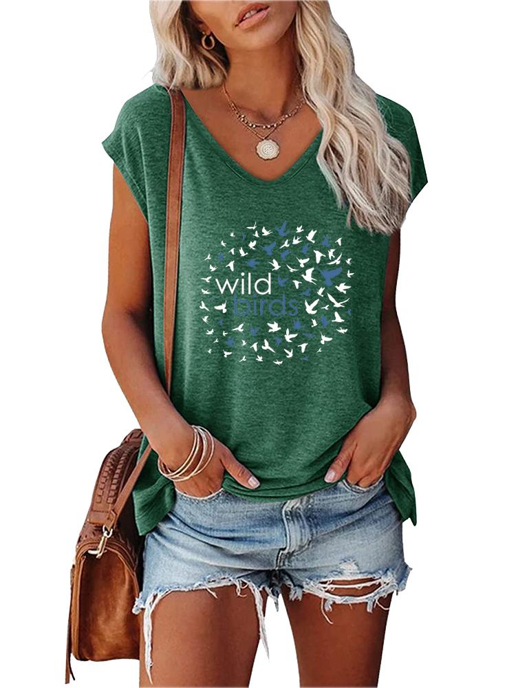 Women Fashion T-shirt Summer V Collar Print Short Sleeve Top Ladies Casual Tee Shirt