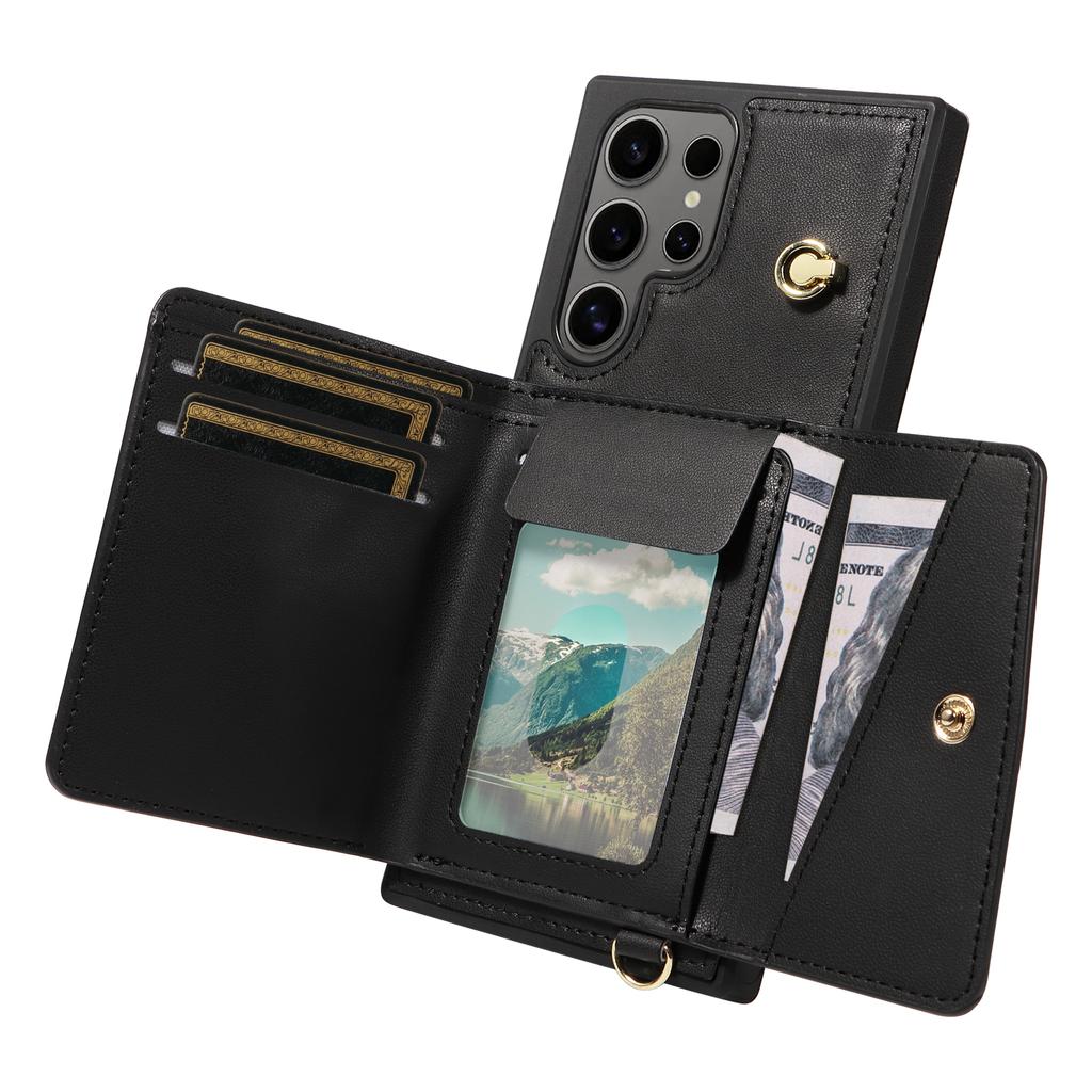 For Samsung Galaxy S24 Ultra Crossbody Phone Case Card Holder Kickstand Leather Coated TPU Mobile Cover