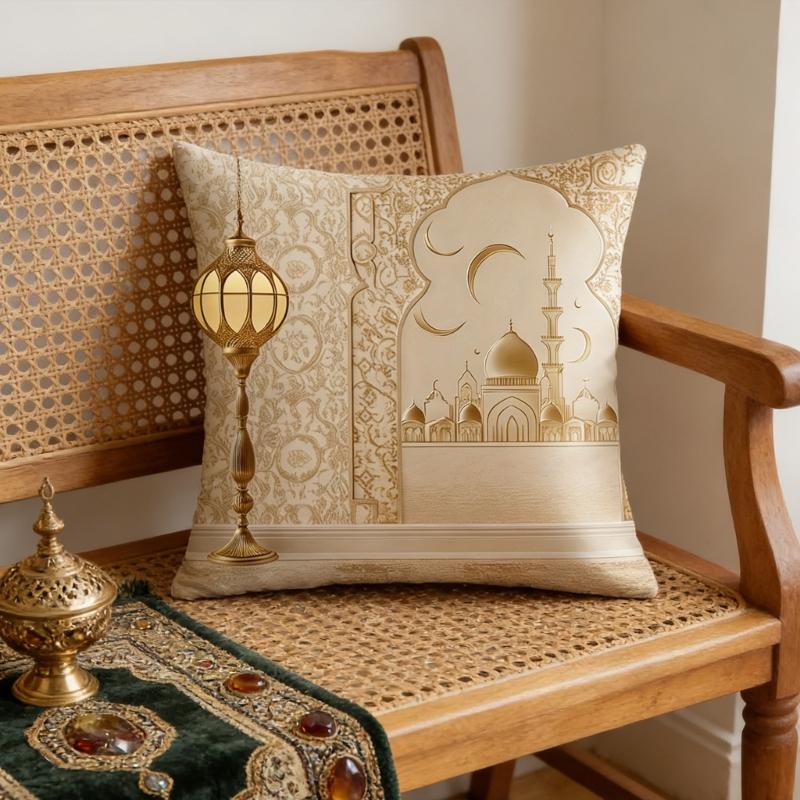 Soft Short Plush Cushion Cover Gold Moon Ethnic Festival Print 45x45cm Standard Size for Home Decoration