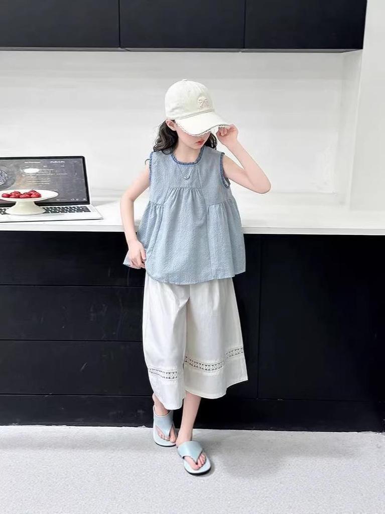 Korean-Style Lace Sleeveless Top & Pants Set - Summer 2026 Girls' Fashion Two-Piece Outfit