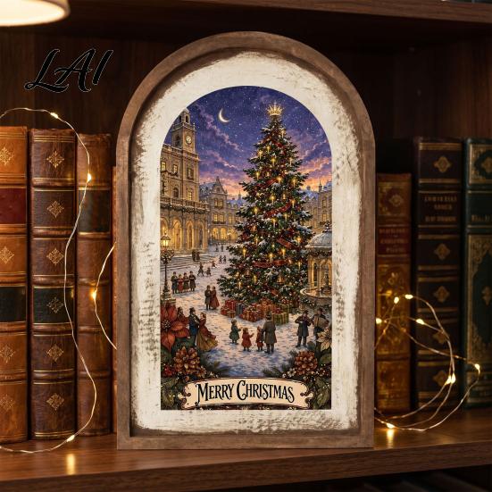 Vintage Christmas Home Decor Rustic Wooden Decoration Arched Window Frame Wall Decor Winter Xmas Holiday Party Table Sign Tabletop Ornament