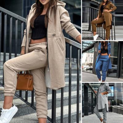 Zweiteiliges Set für Damen, Herbstmode, Reißverschlusstaschen-Design, langärmliger, langer Mantel mit Schlitz und Kapuze und lässiges Set mit Bündchen