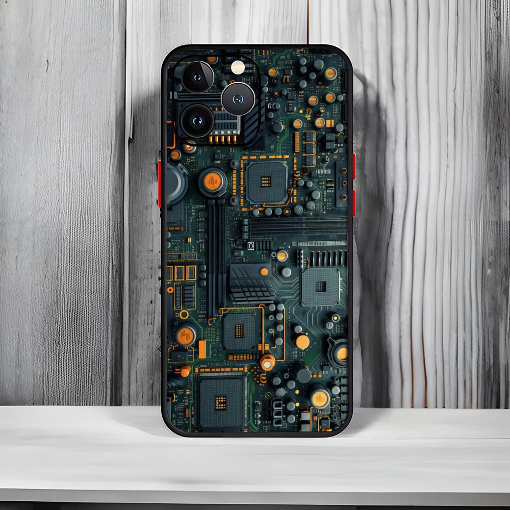 Techy Futuristic Pattern C-Circuit Board Phone Case Black Matte Thin Phone Case For iPhone17 16 15 14 13 ProMax