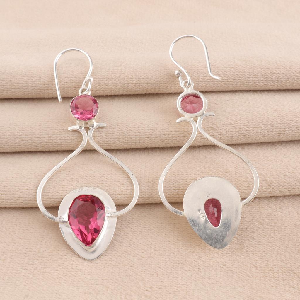 Natural Pink Tourmaline Gemstone 925 Stamped Silver Handmade Hook Earrings 2.07" EE-170-7