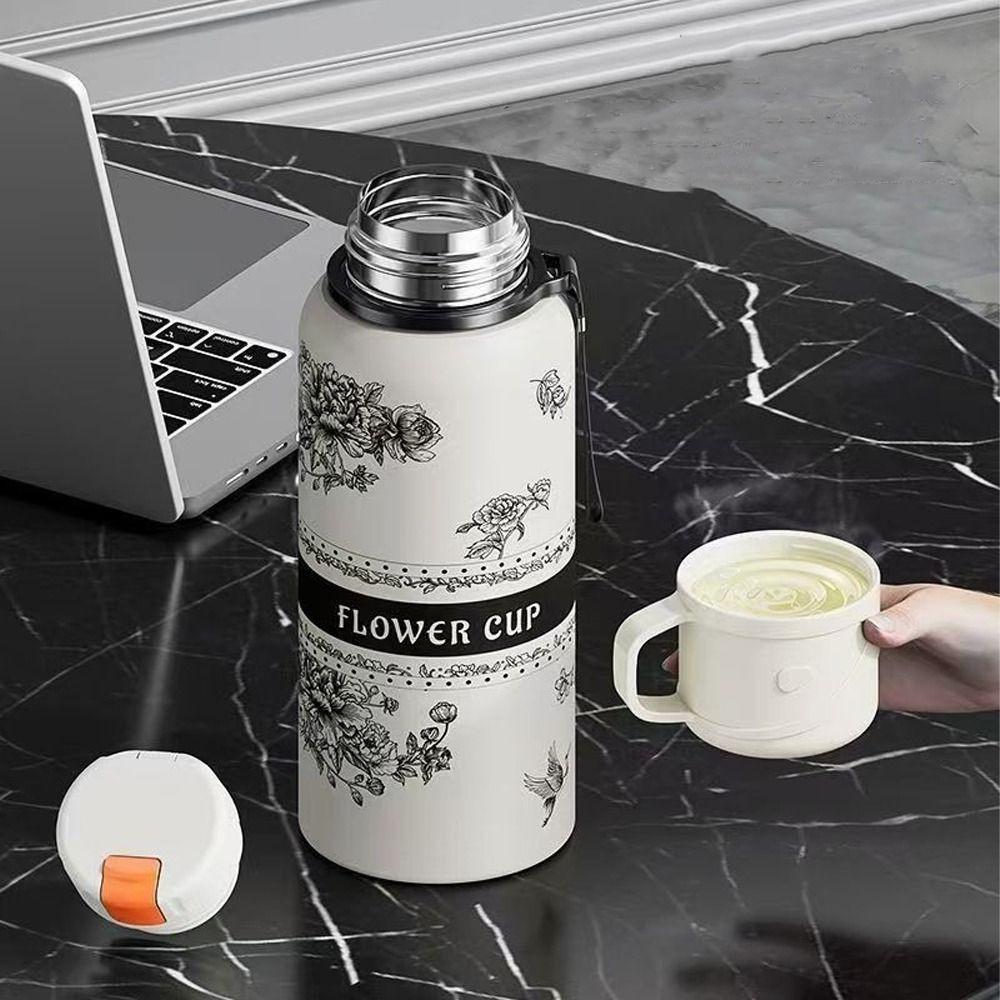 Double Layer Gardenia Thermo Bottle Large-capacity Sports Kettle Vacuum Thermos Cup  Daily Use
