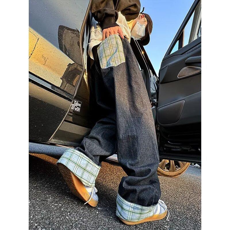 

Plaid Curly Jeans Men s Summer New High Street Washing Loose Straight Casual Trousers 3XL синій