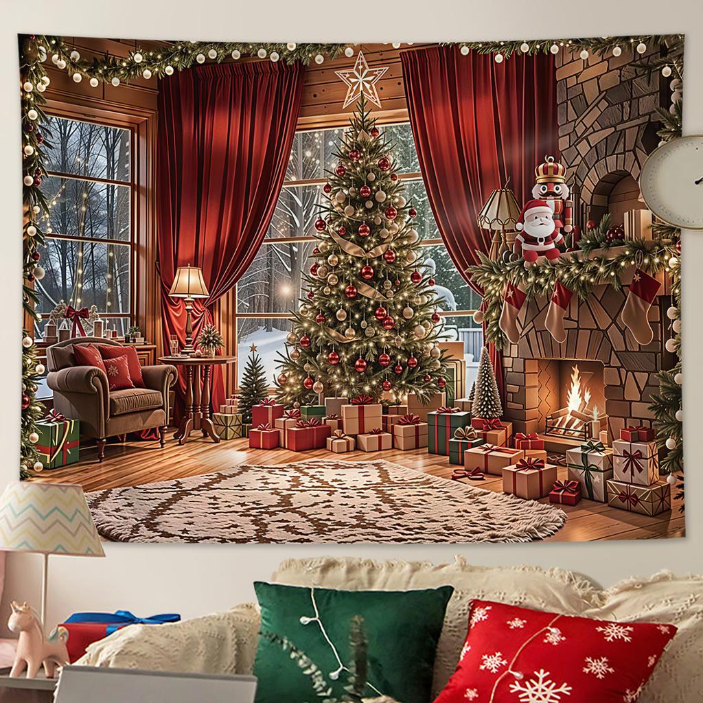 1Pc Christmas Decoration Tapestry, Home Decoration Christmas Tree, Window And Forest, New Year Photography Background Tapestry,
