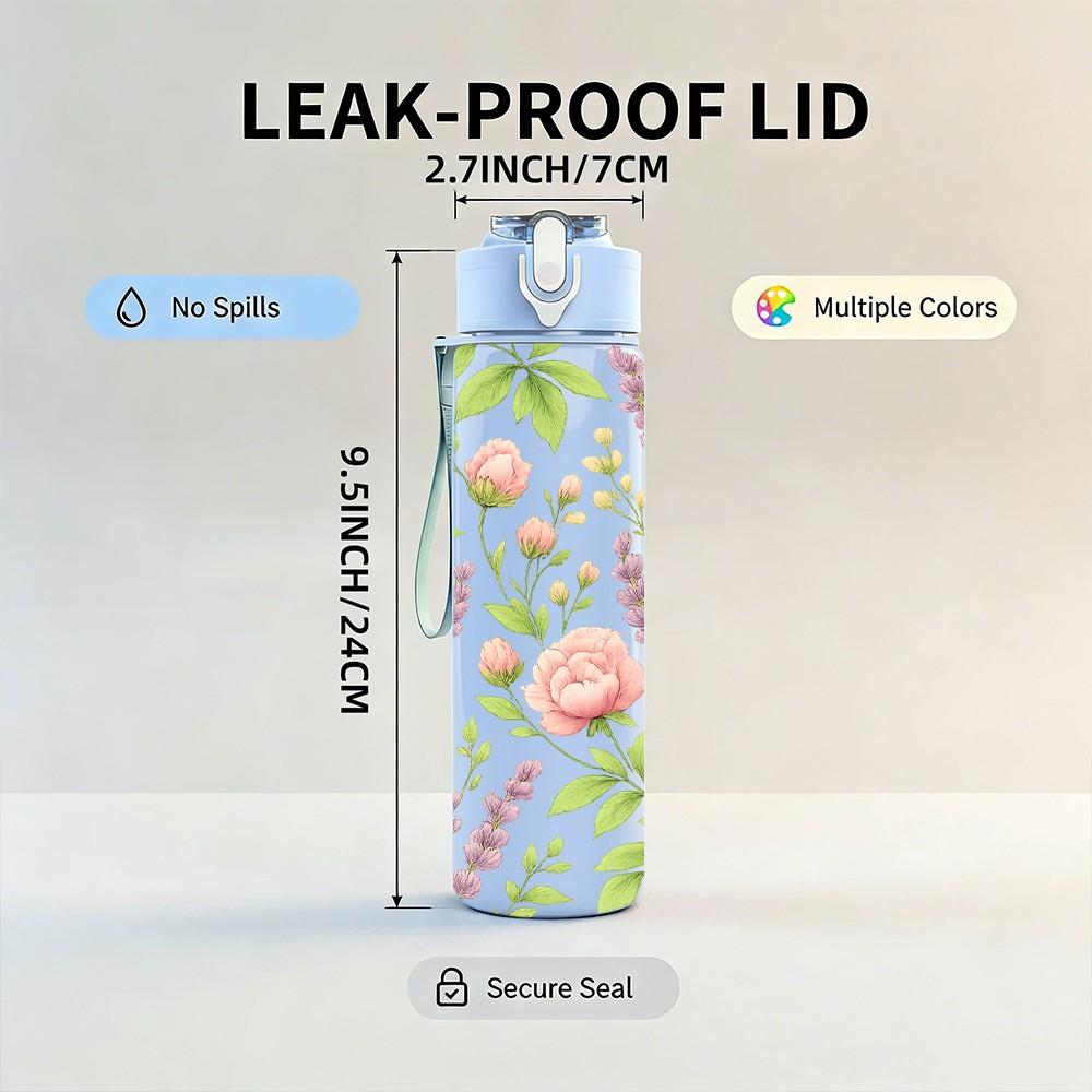 1PC Pink Rose Peony Floral Pattern 750ml Color Plastic Sports Water Bottle Leakproof Flip Straw Lid Suitable for Sports Office Home Use