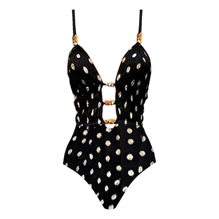 European and American swimwear, deep V retro polka dot print one-piece swimsuit suit for women S