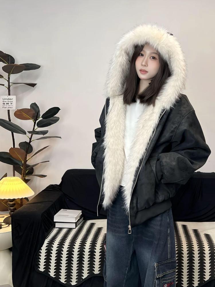 Winter Marble Base Mountain Hooded PU Leather Jacket with Faux Mink Fur for Men & Women - Warm Cotton Couple Jacket