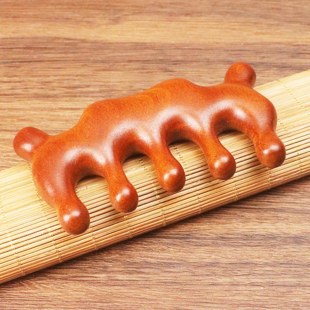 Golden Sandalwood Massage Comb: Five-Tooth, Round Ball Head, Small Solid Wood Comb for Scalp & Neck.