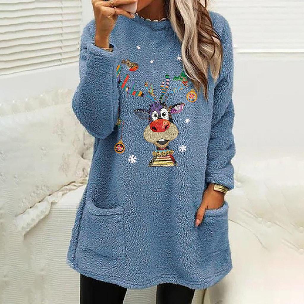 Grenzüberschreitender Plüsch-Hoodie mit Weihnachtshirsch-Print und bunten Lichtern