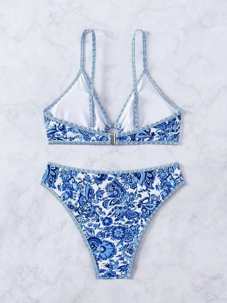 Verspielter Floral 2025O Damen Zweiteiliger Bikini mit Ring-Verknüpftem Dreiecksdesign
