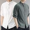 Men's Summer Korean Style Cotton-Linen Slim Fit Linen Shirt with Five-Point Sleeves.