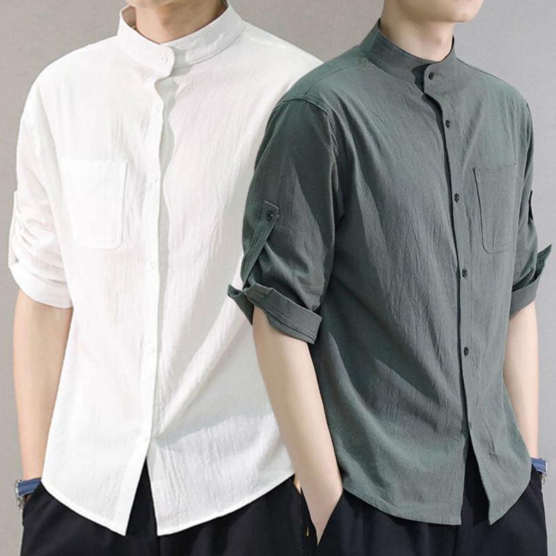 Men's Summer Korean Style Cotton-Linen Slim Fit Linen Shirt with Five-Point Sleeves.