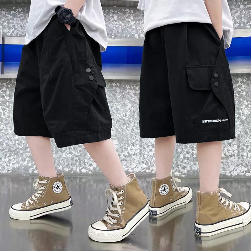 Summer Teen Boys Cotton Cargo Shorts Loose Solid Color Knee-length Pants for 4-14Years Kids Children Casual Outdoor Trousers