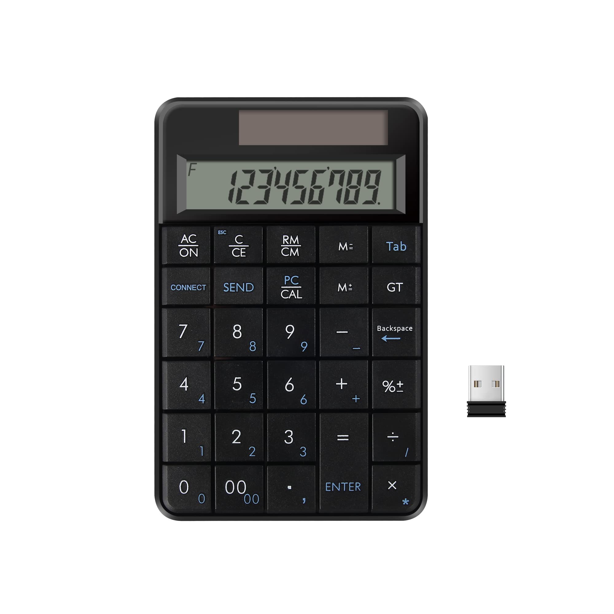 

MCSaite 2-in-1 Wireless Calculator & Numeric Keypad with USB Receiver, 29 Keys, Compact Solar-Powered Calculator, 10-Digit Multi-Function Number Pad,
