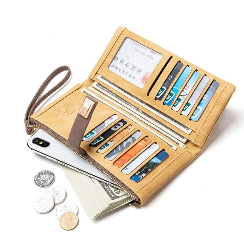 Women Wallet Fashion Long Design Retro PU Leather Credit Card Holder Frosted Print Buckle Zip Purse Female Handbag Wallets