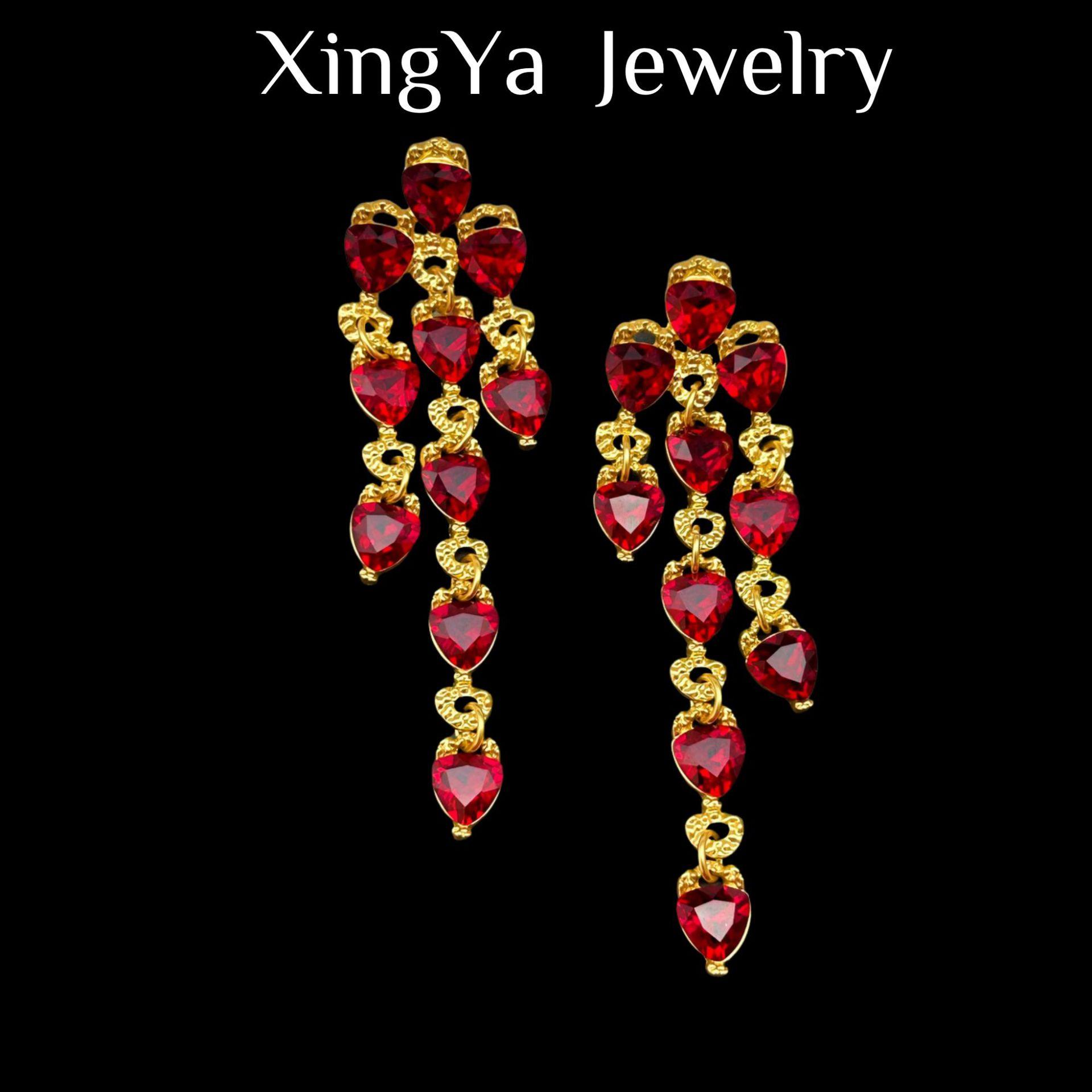 Vintage Full Inlaid Heavy Industry Temperament Fashionable Versatile Angola Red Triangle Geometric Tassel Earrings Ear Clip