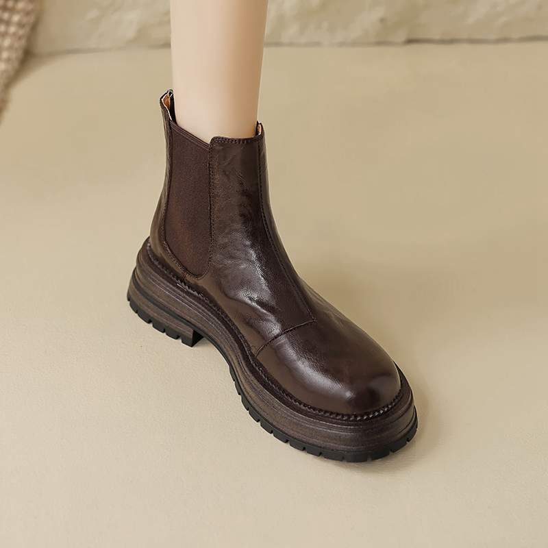 Krazing Pot Sheep Skin Round Toe Winter Med Heels Chelsea Boots Women Zipper Retro Fashion Platform Ankle Boots